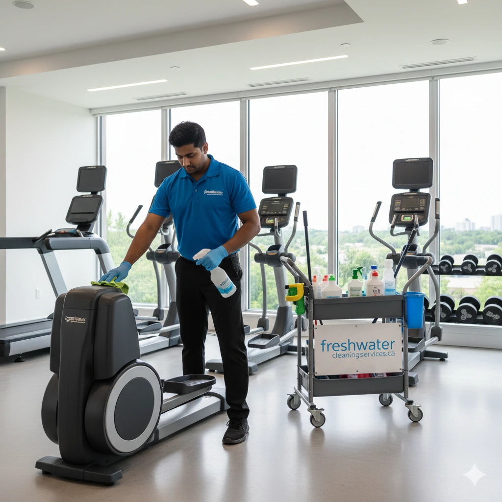 A FWCS staff member cleaning a fitness center in a condominium building in Richmond Hill ON