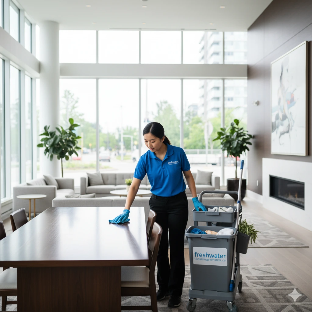 A Fresh Water Cleaning Services staff member tidying up a common area in a condominium builind