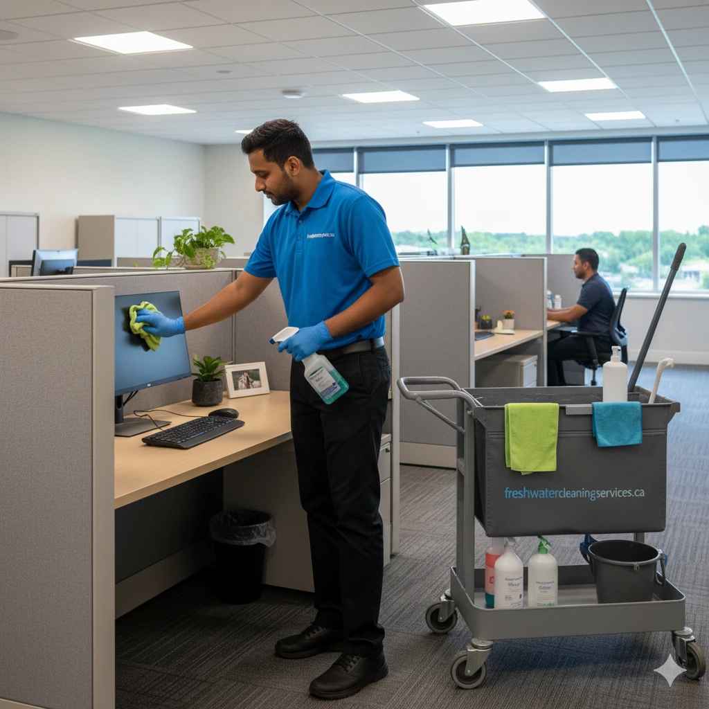 A FWCS staff member cleaning a screen on a desk in a cubicle