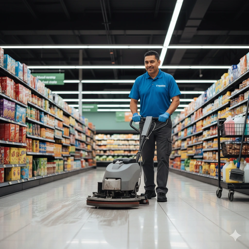 A FWCS worker cleaning polishing the floors of a grocery store