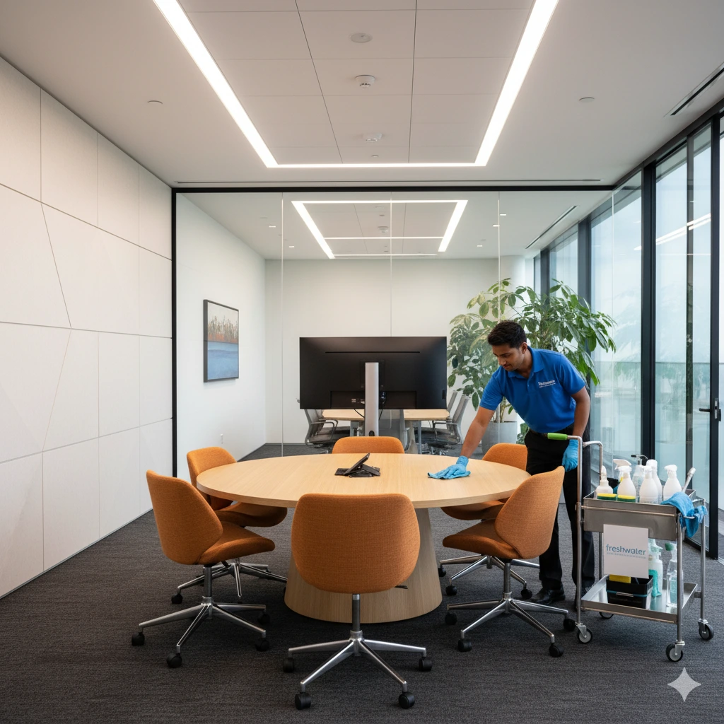 A worker cleaning a table in a corporate meeting room