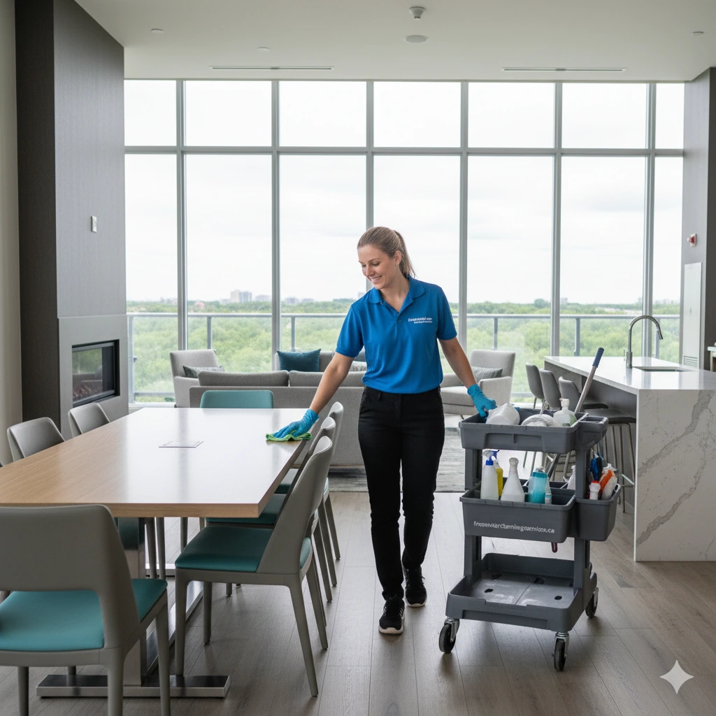 A woman from Fresh Water Cleaning Services is cleaning a party room in a condominium room in Richmond Hill ON