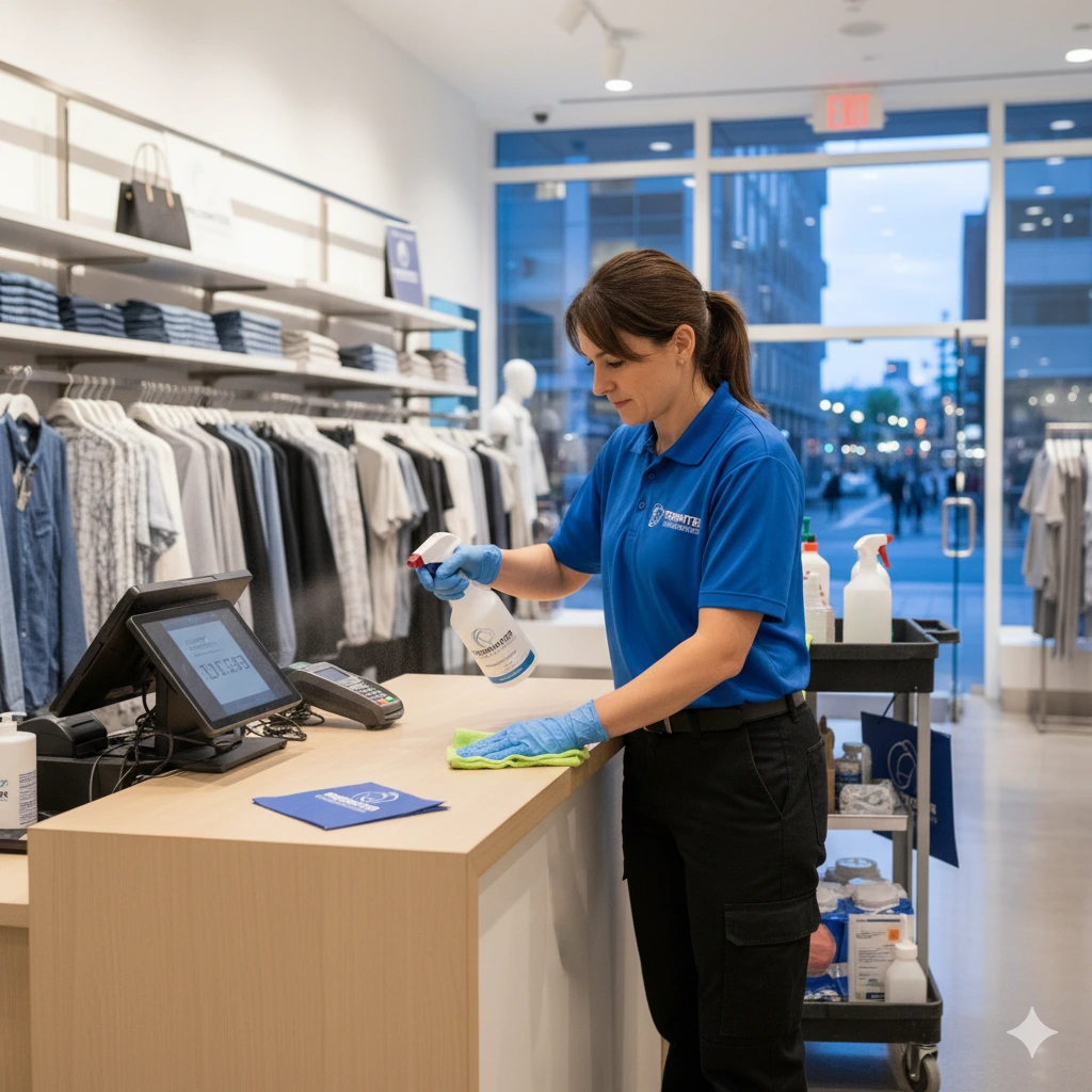 Fresh Water Cleaning Services staff member cleaning the counter near the cash register