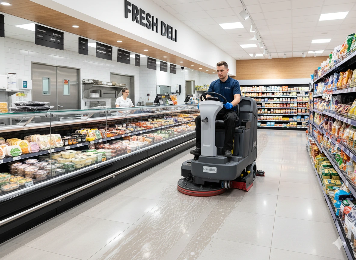 A Fresh Water Cleaning Services staff member riding a floor scrubber in a grocery store