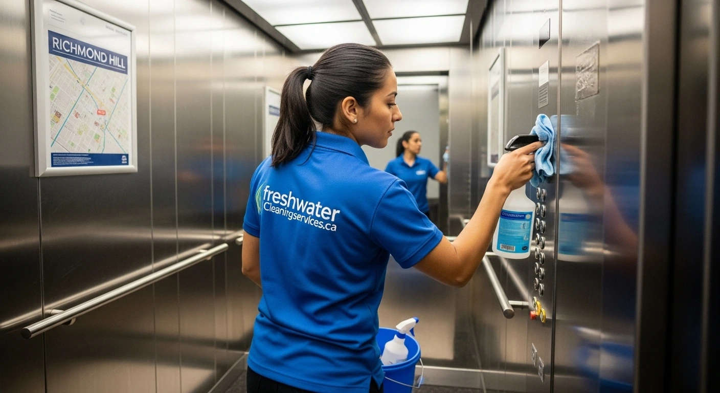 A woman employee from FWCS cleaning an elevator.